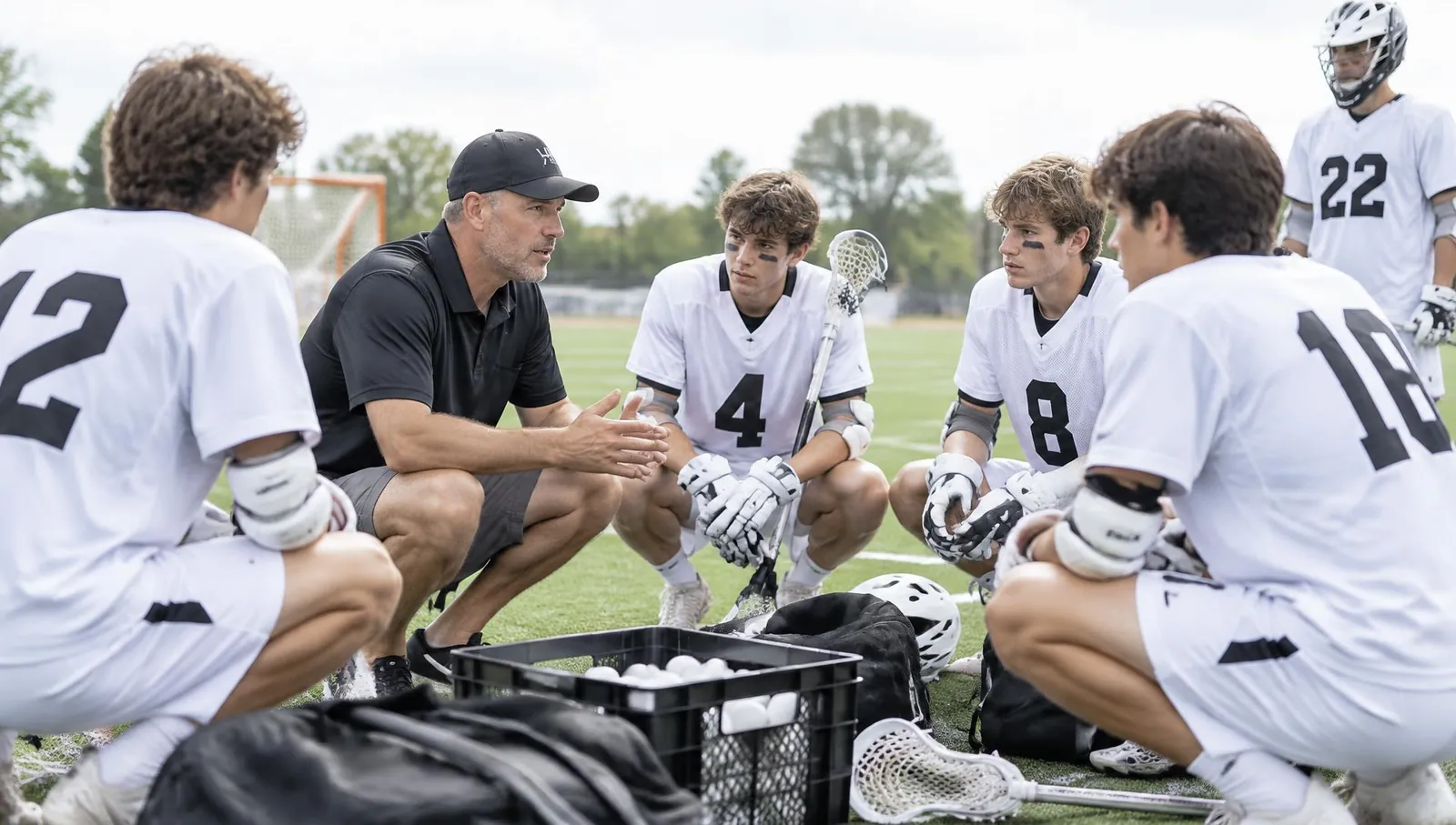 Lacrosse coach talking with his team on the field beside a crate of game balls