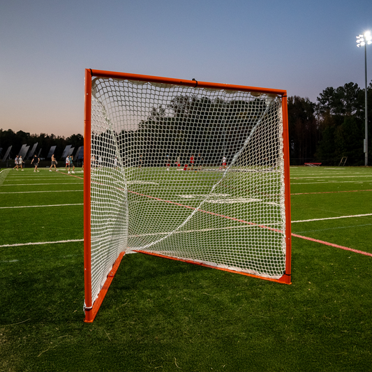 NEW! COMPACT College/High School Lacrosse Game Goal, 6'x6'x7', Flat Base With Lacing Rails, 118 lbs. Includes 6mm or 7mm White Net, By Crankshooter® - FREE SHIPPING